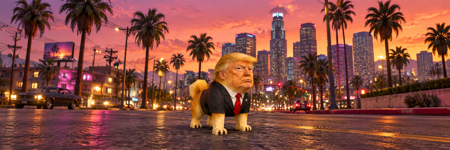 Doge Trump, a golden Shiba in a black suit and red tie, standing on a wet boulevard at sunset with palms and a neon skyline